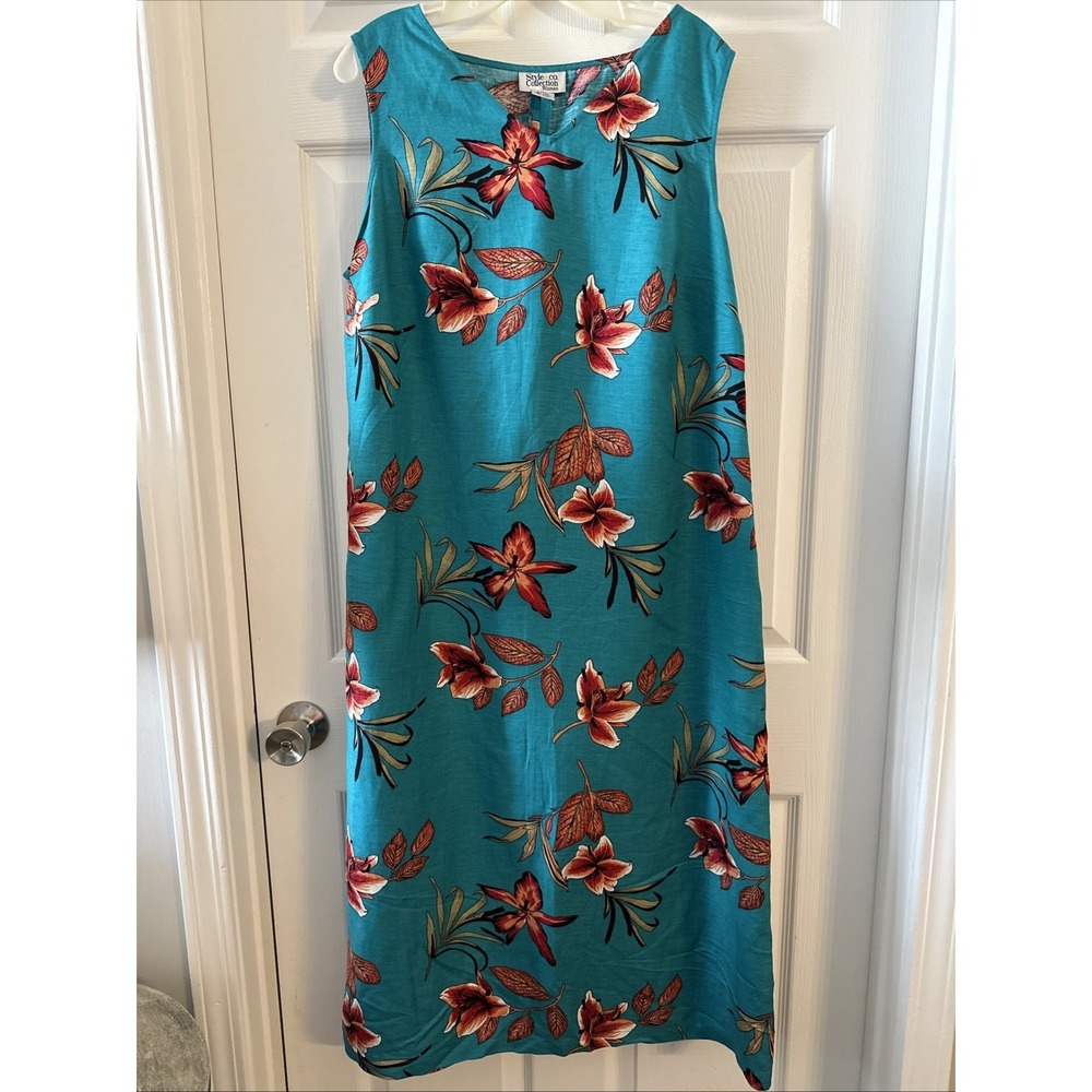 Style Co 100 % Linen Maxi Dress Floral Bohemian Beachy Size 16 Women